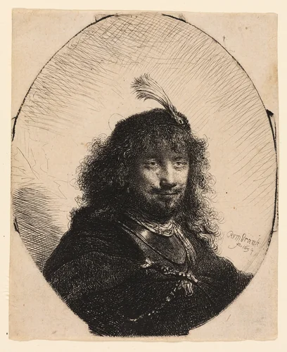 Self-Portrait (?) with Plumed Cap and Lowered Sabre by Rembrandt van Rijn, print, 1634