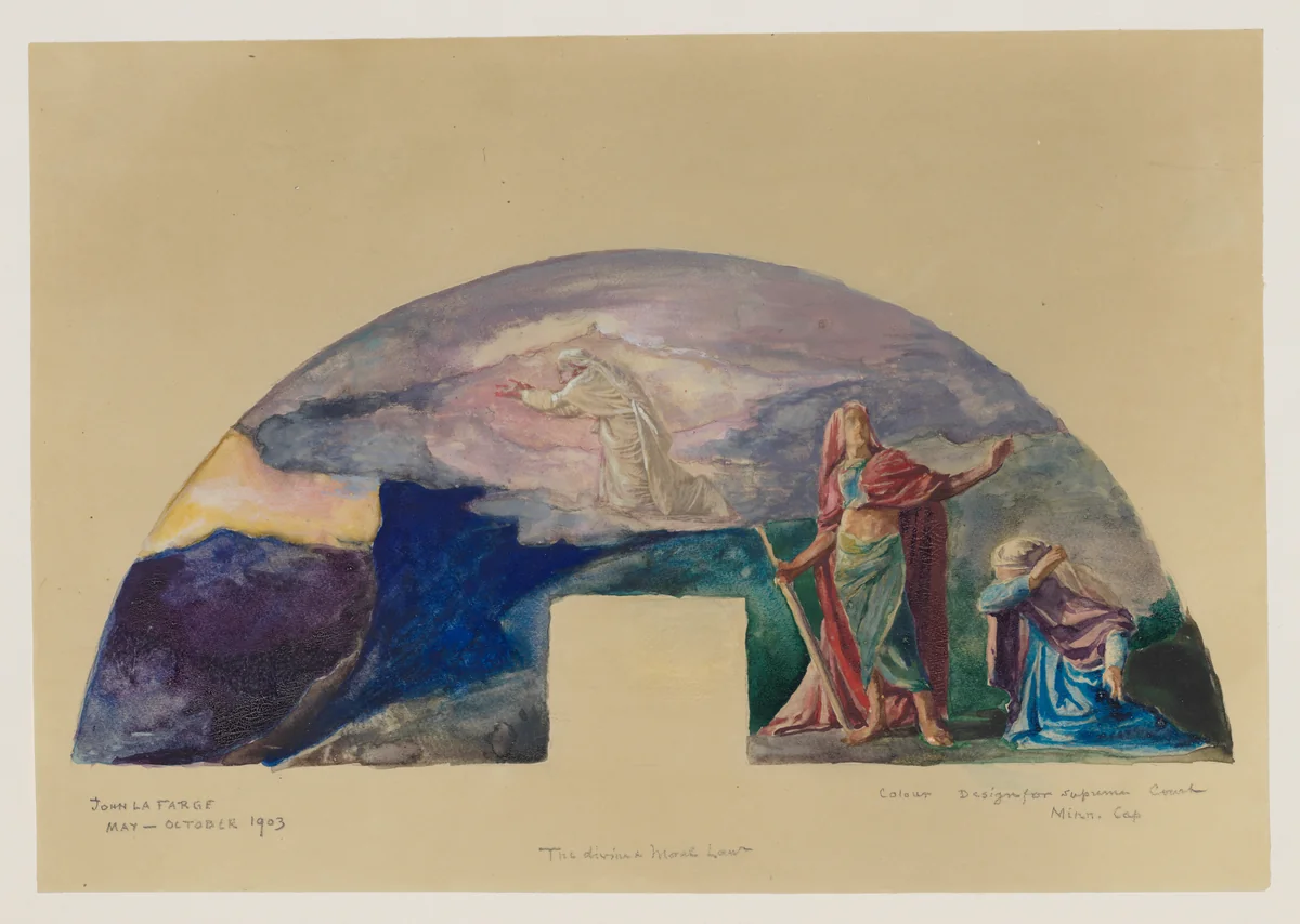 The Moral and Divine Law: Moses Receives the Law on Mount Sinai; Color Study for Mural, Supreme Court Room, Minnesota State Capitol, Saint Paul by John La Farge, artwork, 1903