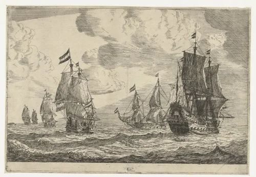 Zes zeilschepen op open zee by Reinier Nooms, print, 1650-1664