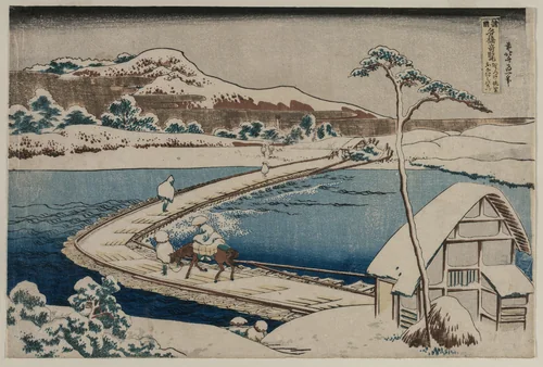 An Ancient Picture of the Boat Bridge at Sano in Kozuke Province from the series Curious Views of Famous Bridges in the Provinces by Katsushika Hokusai (葛飾 北斎), print, 1830-1834