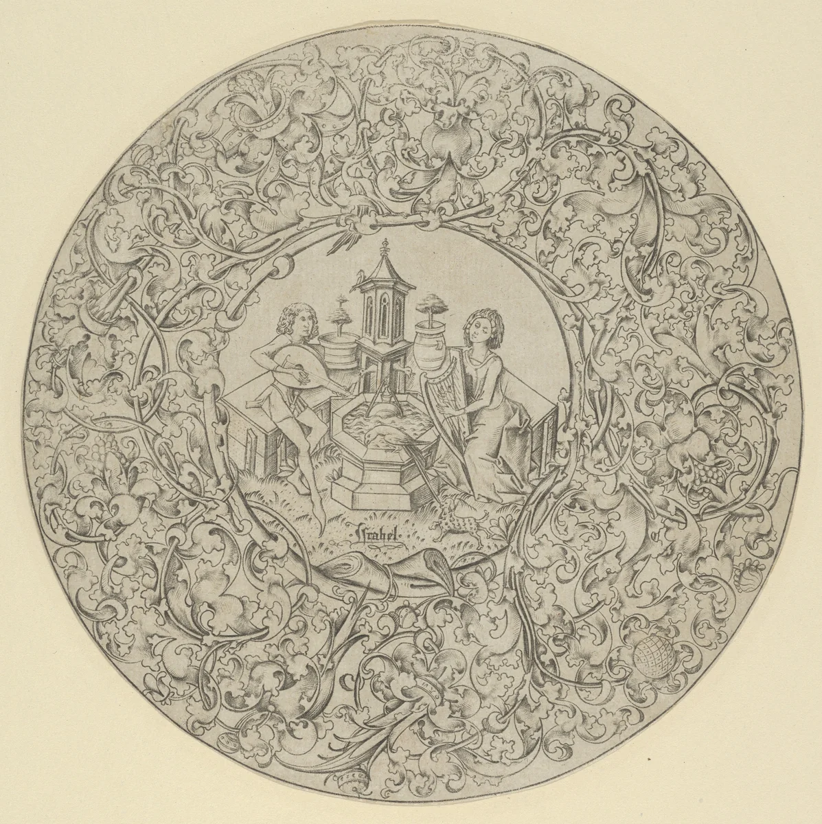 Garden of Love, Within Large Ornamented Circular Frame by Israhel van Meckenem, print, 1450-1503