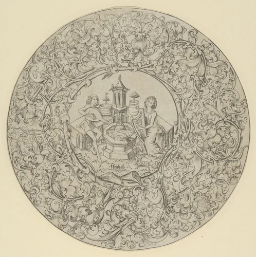 Garden of Love, Within Large Ornamented Circular Frame by Israhel van Meckenem, print, 1450-1503