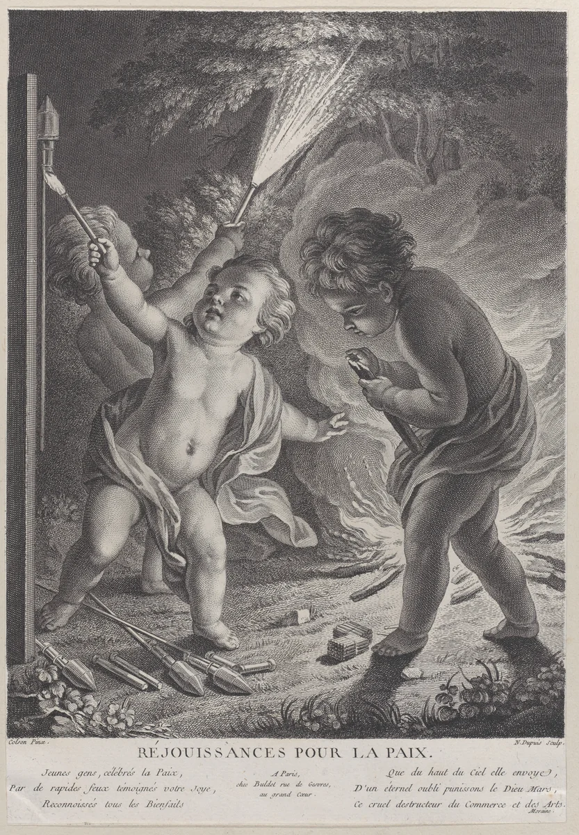 Celebrating Peace (Réjouissances pour la paix), three putti with fireworks by Nicolas Gabriel Dupuis, print, 1745-1771