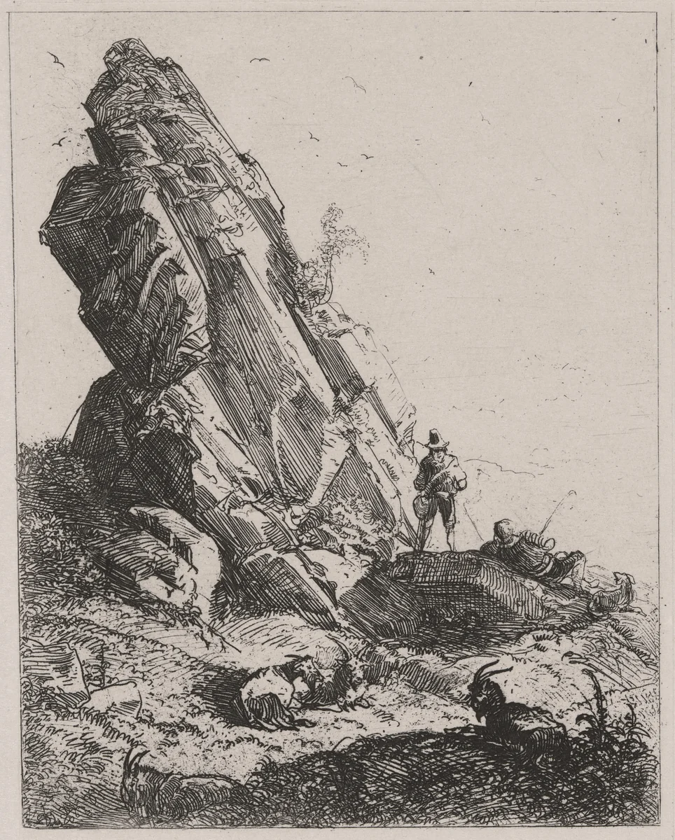 Rock Outcrop with Shepherds and Goats by Caspar Johann Nepomuk Scheuren, print, 1842