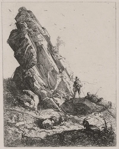 Rock Outcrop with Shepherds and Goats by Caspar Johann Nepomuk Scheuren, print, 1842
