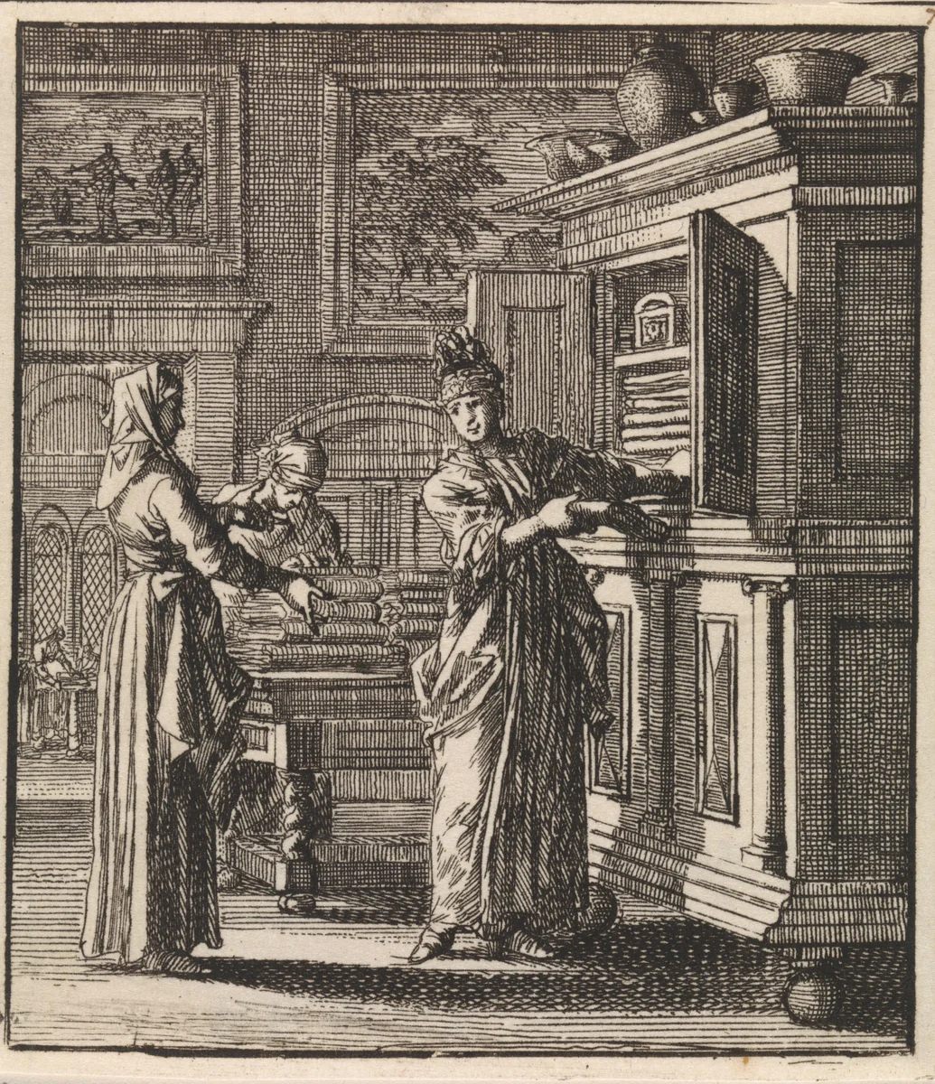 Vrouw haalt spullen uit een kast by Jan Luyken, print, 1711