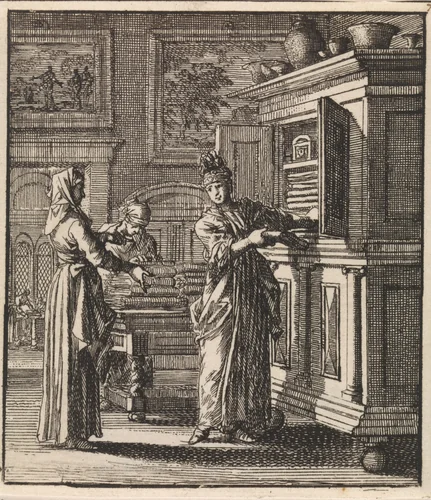 Vrouw haalt spullen uit een kast by Jan Luyken, print, 1711