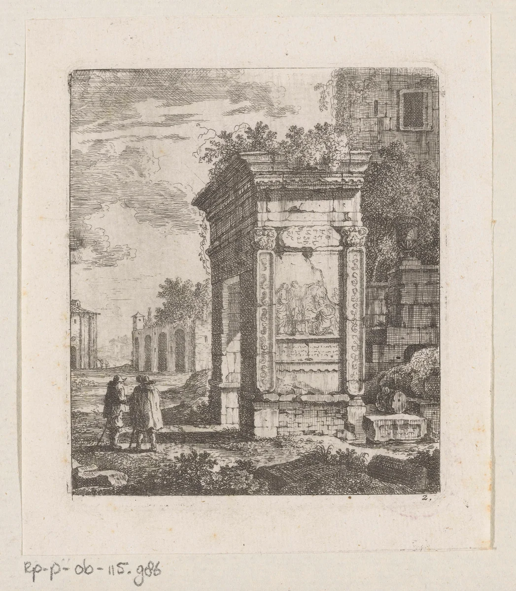 Twee mannen naast de ruïne van een poort in Rome by Johann Franz Ermels, print, 1651-1693
