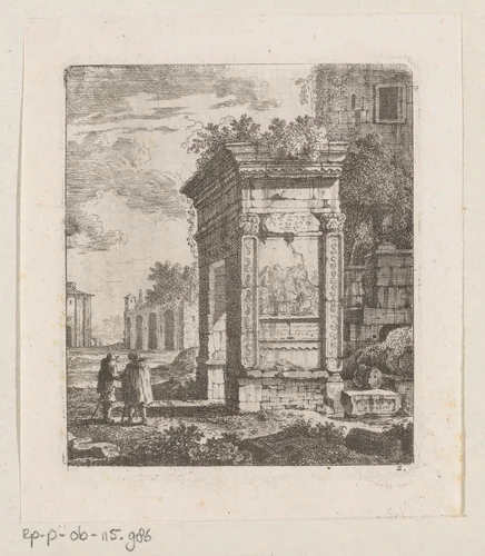 Twee mannen naast de ruïne van een poort in Rome by Johann Franz Ermels, print, 1651-1693