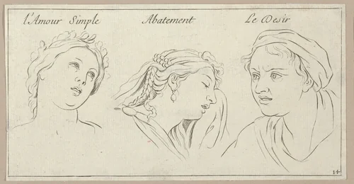 l'Amour simple, Abattement, Le Desir, from "Caractères des passions, gravés sur les desseins de l'illustre Monsieur le Brun" by Sébastien Le Clerc, print, 1695-1720