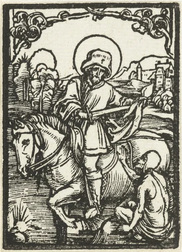 De Heilige Martinus deelt zijn mantel met een bedelaar by Unknown, print, 1503