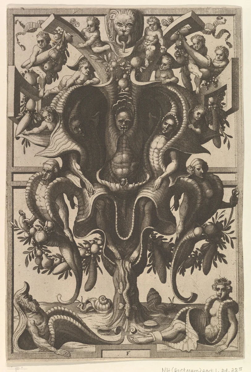 Auricular Cartouche with Figures within a Strapwork Frame from Veederley Veranderinghe van grotissen ende Compertimenten. Libro Primo by Cornelis Floris, book, 1556