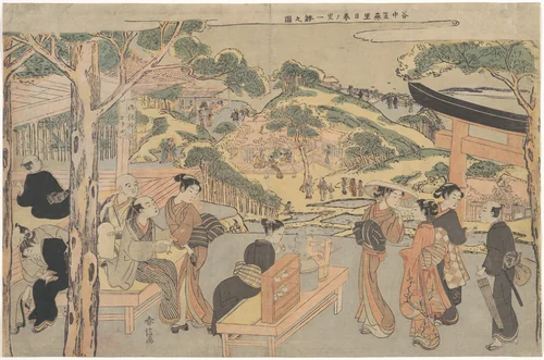Osen of the Kagiya Teahouse at Kasamori Shrine with a View of Nippori in Yanaka by Suzuki Harunobu (鈴木春信), print, 1758-1778