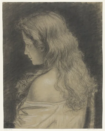 Studie van een jonge vrouw, half op de rug gezien by Eugène François de Block, drawing, 1845