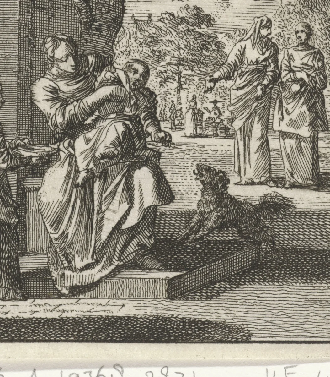Moeder wast haar kind op de stoep voor het huis by Jan Luyken, print, 1712