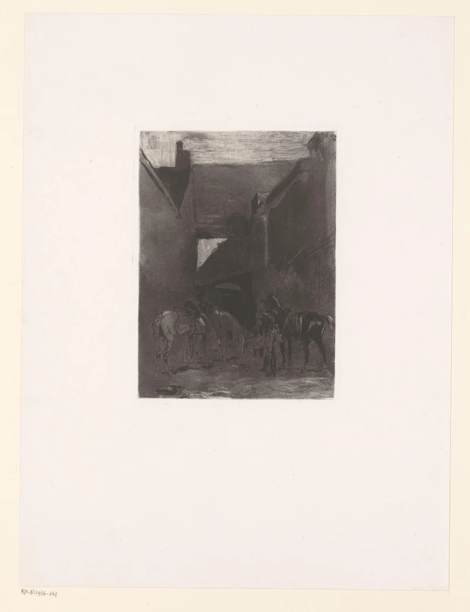 Huzaar voert drie paarden op een binnenplaats by John Lewis Brown, print, 1839-1890