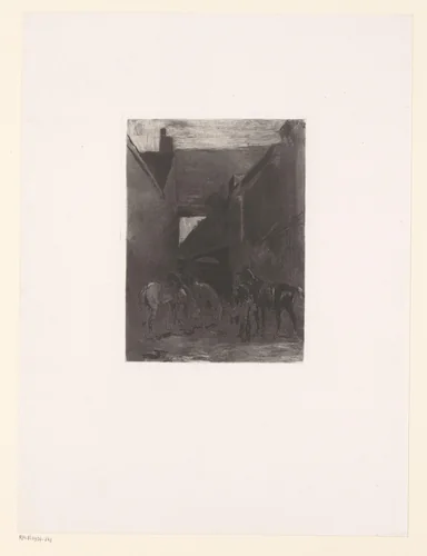 Huzaar voert drie paarden op een binnenplaats by John Lewis Brown, print, 1839-1890