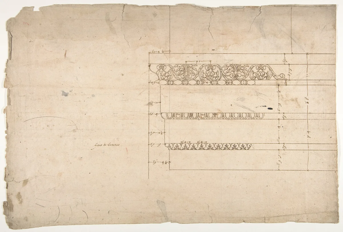 Temple of Minerva, elevation of architrave (recto) Temple of Minerva, column shaft (verso) by anonymous, drawing, 1500-1560