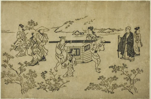 A Passing Palanquin, from the series "Scenes of Flower-viewing at Ueno (Ueno hanami no tei)" by Hishikawa Moronobu (菱川師宣), print, 1676-1689