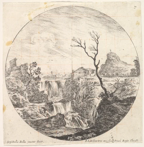 Plate 7: a triple waterfall, a dead tree to right, a mountain and a herd of cows to right in the background, from "Roman landscapes and ruins" (Paysages et ruines de Rome) by Stefano della Bella, print, 1643-1648