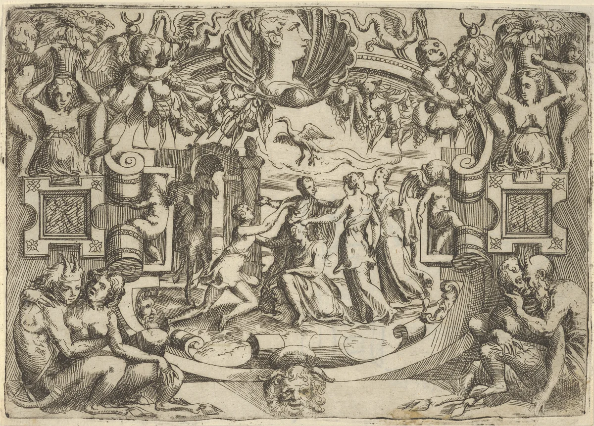 Four women surrounding a seated figure, a bird above them, set within an elaborate frame by Battista Angolo del Moro, print, 1535-1580