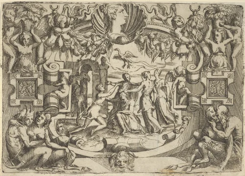 Four women surrounding a seated figure, a bird above them, set within an elaborate frame by Battista Angolo del Moro, print, 1535-1580