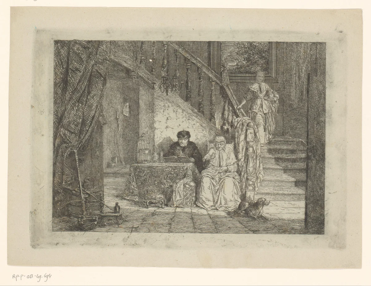 Jonge vrouw loopt van een trap waarnaast een man en vrouw zitten by Guillaume Joseph Vertommen, print, 1850-1863