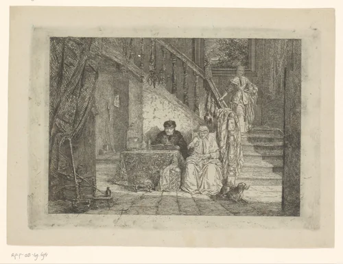 Jonge vrouw loopt van een trap waarnaast een man en vrouw zitten by Guillaume Joseph Vertommen, print, 1850-1863