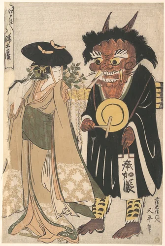 Young Woman with an Otsue Demon Dressed as an Itinerant Priest by Kitagawa Utamaro (喜多川歌麿), print, 1794-1814