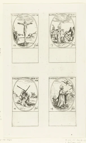 Heilige Eulalia, Heilige Fusca en Heilige Maura, Heilige Valentinus, Heilige Antoninus Abt (12-14 februari) by Jacques Callot, print, 1632-1636
