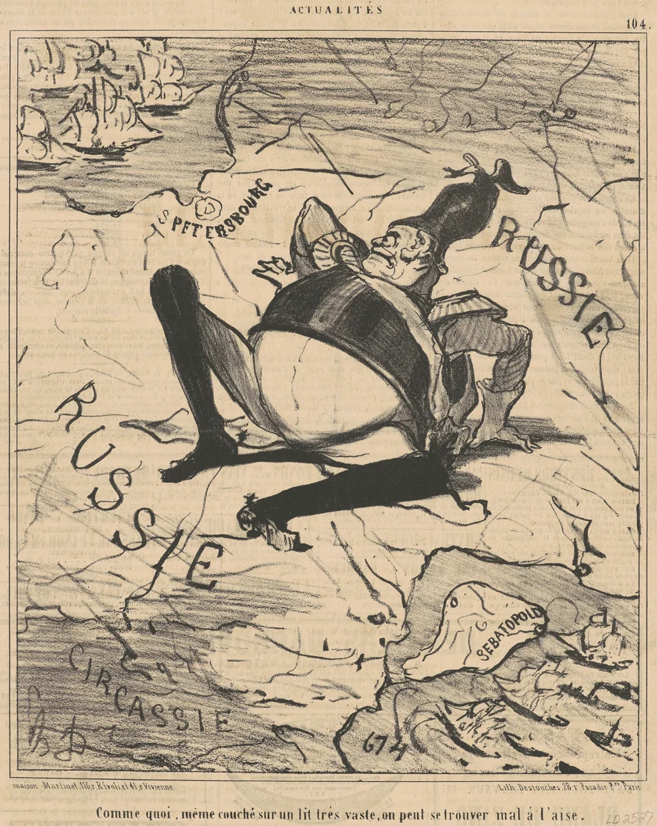 Comme quoi ... sur un lit três vaste ,,, by Honoré Daumier, print, 1854