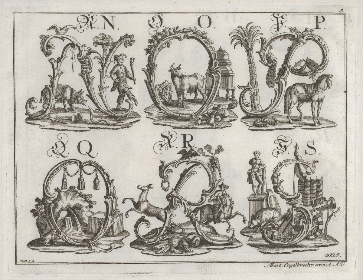 Decorated Roman alphabet by Johann David Nessenthaler, print, 1700-1799