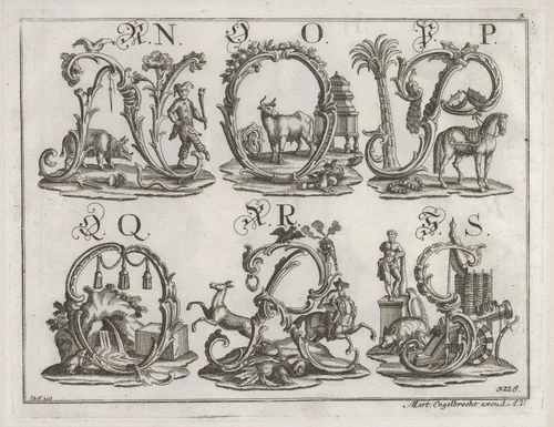 Decorated Roman alphabet by Johann David Nessenthaler, print, 1700-1799