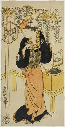 The Actor Sanogawa Mangiku I as Ohatsu in the play "Sogazaki Shinju," performed at the Nakamura Theater in the fourth month, 1719 by Okumura Masanobu (奥村政信), print, 1719