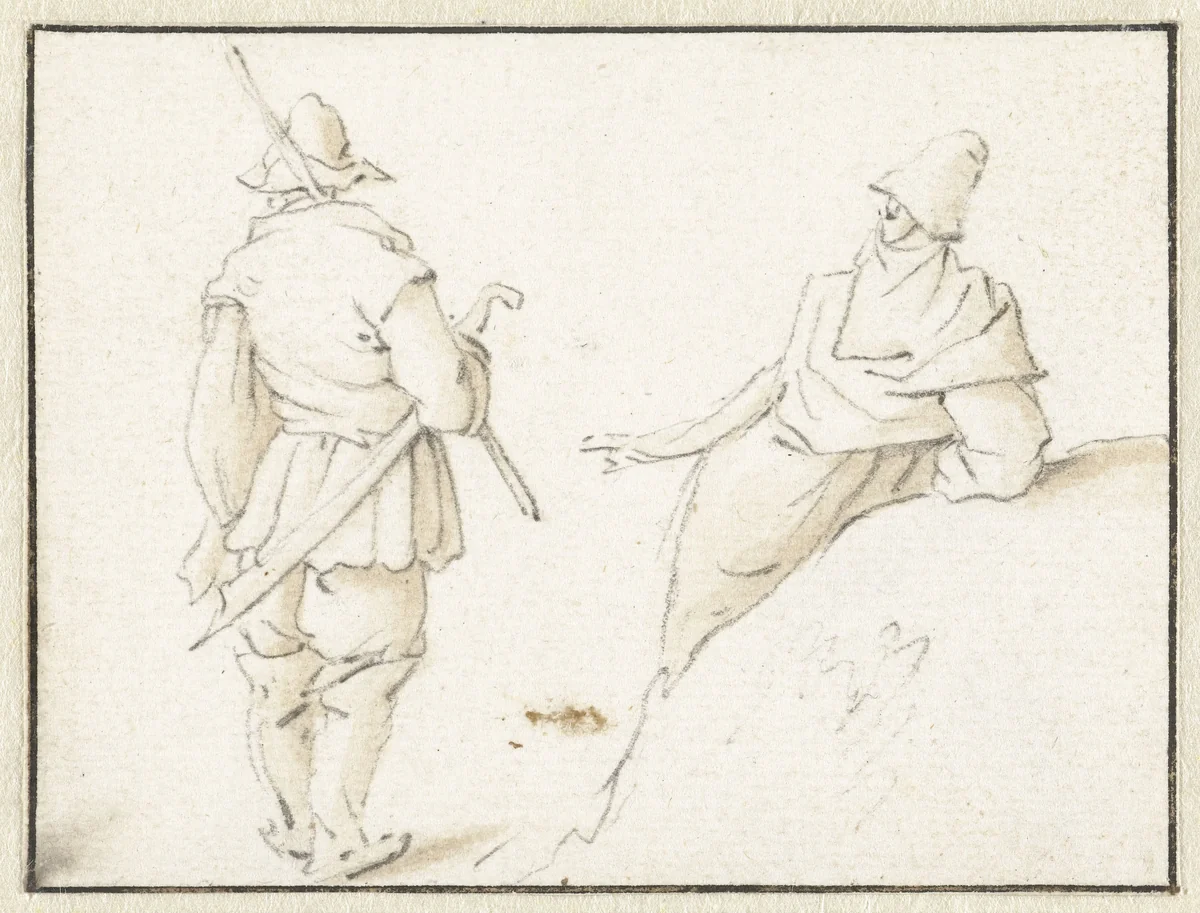Staande man en een man leunend op een hoop by Herman Saftleven, drawing, 1619-1685