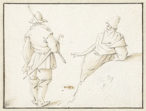 Staande man en een man leunend op een hoop by Herman Saftleven, drawing, 1619-1685