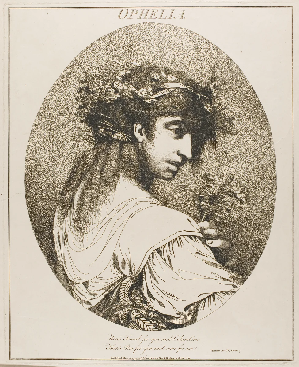 Ophelia, from Twelve Characters from Shakespeare by John Hamilton Mortimer, print, 1809