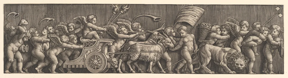 A frieze arrangement depcting the Triumph of Love; Cupid in a Chariot led by goats, many other putti filling the composition by Master of the Die, print, 1530-1560