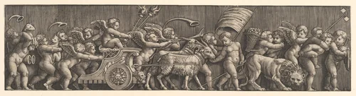 A frieze arrangement depcting the Triumph of Love; Cupid in a Chariot led by goats, many other putti filling the composition by Master of the Die, print, 1530-1560