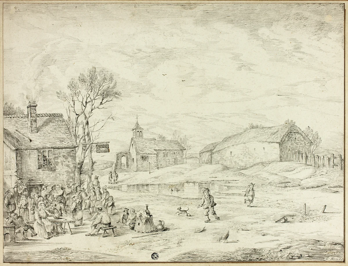 The Passage of a Corps of Troops near a Village by Wilhelm Alexander Wolfgang von Kobell, drawing, 1800-1849