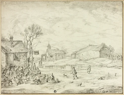 The Passage of a Corps of Troops near a Village by Wilhelm Alexander Wolfgang von Kobell, drawing, 1800-1849