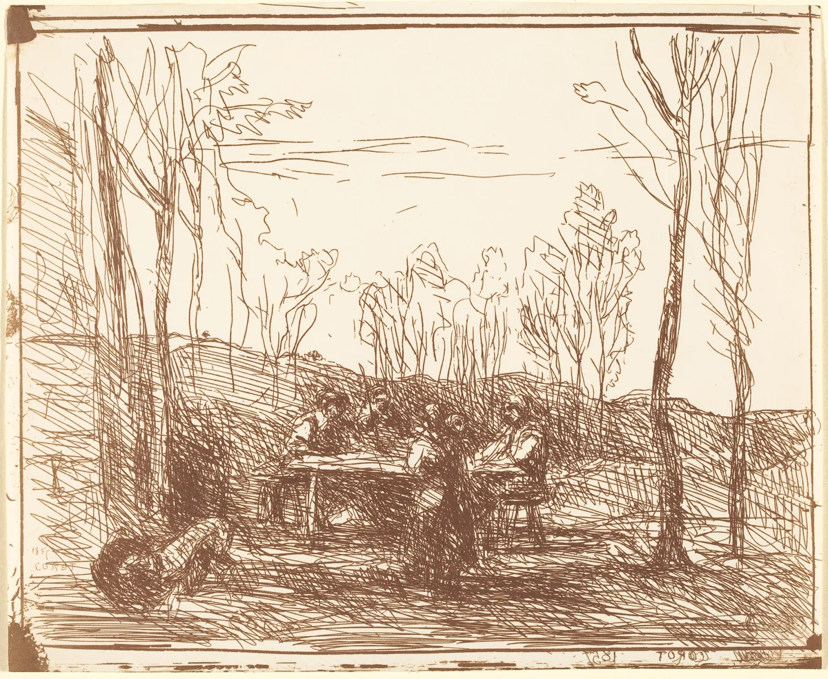 Luncheon in a Clearing (Un Dejeuner dans la clairiere) by Jean-Baptiste-Camille Corot, print, 1857