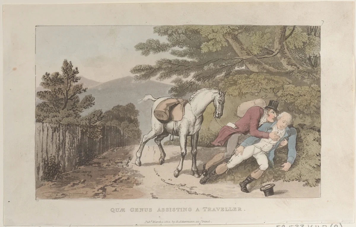 Quae Genus Assisting a Traveler by Thomas Rowlandson, print, 1822