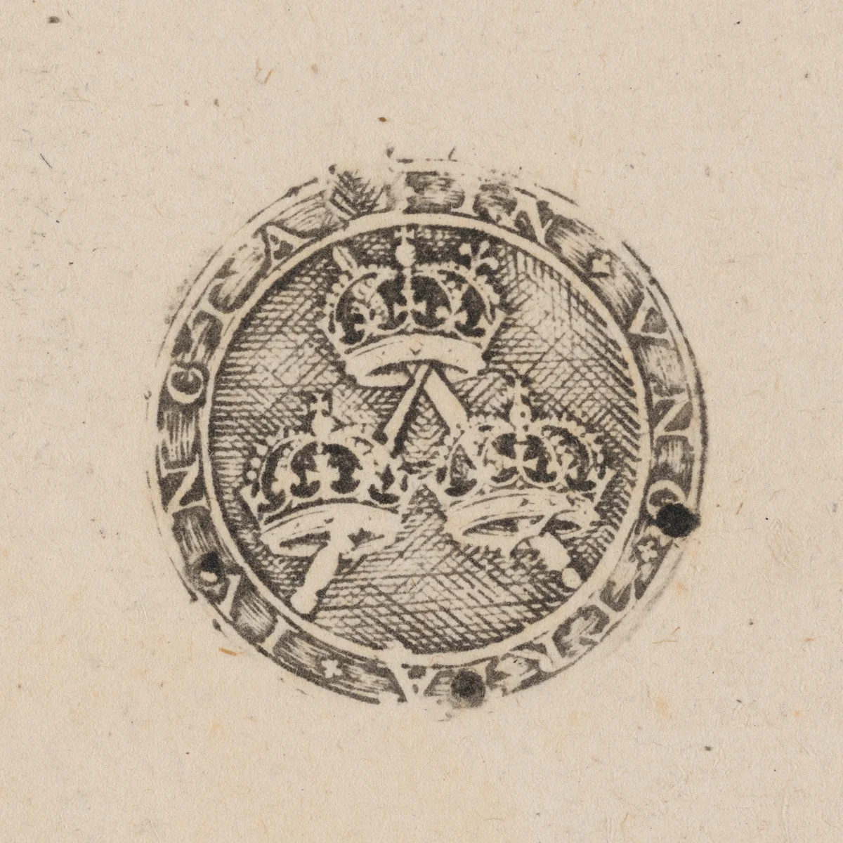 Three Crowns Supported by Two Sceptres [right half] by Simon van de Passe, print, 1600-1699