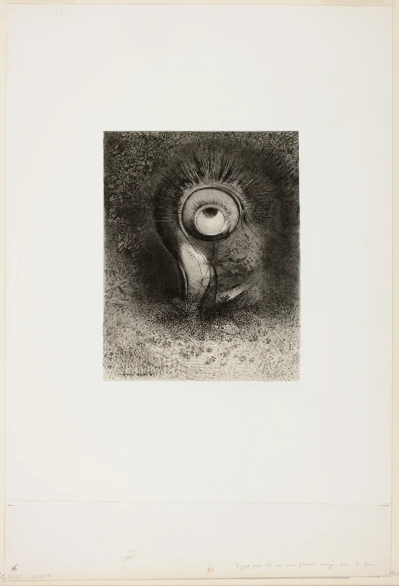 There Was Perhaps a First Vision Attempted in the Flower, plate 2 of 8 from "Les Origines" by Odilon Redon, print, 1883