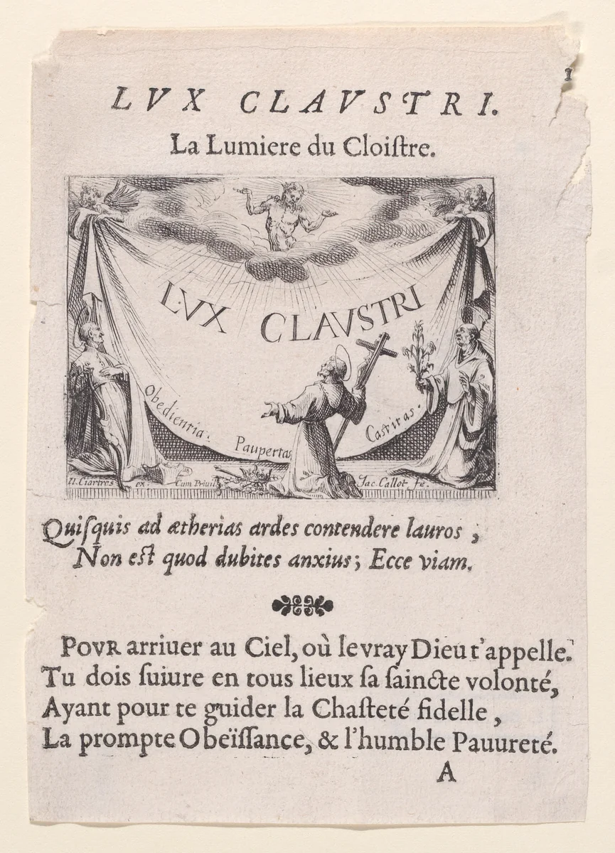 Frontispiece, plate 1 from "Lux Claustri ou La Lumière du Cloitre" (The Light of the Cloisters) by Jacques Callot, print, 1621-1635