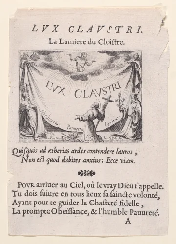 Frontispiece, plate 1 from "Lux Claustri ou La Lumière du Cloitre" (The Light of the Cloisters) by Jacques Callot, print, 1621-1635