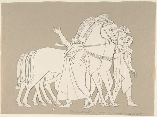 Two male classical figures with three horses (design for large fireplace white tiles produced in Wedgwood's factory) by John Flaxman, drawing, 1800-1899