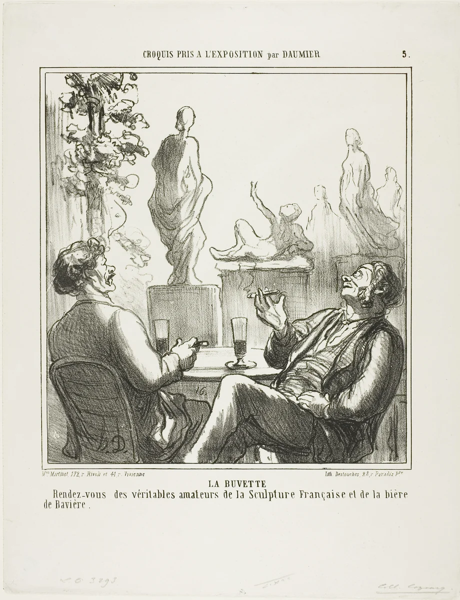 At The Bar. Meeting point for the true lovers of French sculpture and Bavarian beer, plate 5 from Croquis pris à l'exposition by Honoré-Victorin Daumier, print, 1865