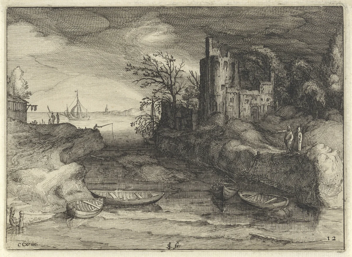 Landschap met sloepen by Claes Jansz Visscher, print, 1613